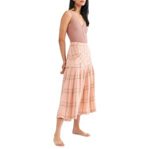 Free People Peach Plaid Fever Midi Skirt